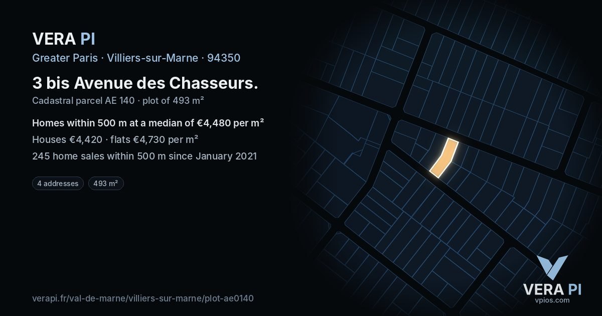 3 bis Avenue des Chasseurs, Villiers-sur-Marne at night – the plot lit, the parcels around coloured by the prices near them