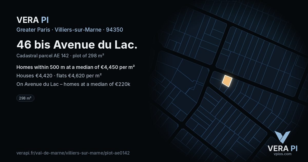 46 bis Avenue du Lac, Villiers-sur-Marne at night – the plot lit, the parcels around coloured by the prices near them