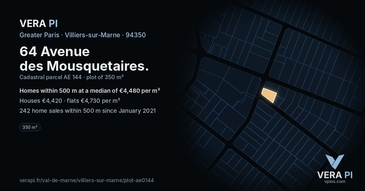 64 Avenue des Mousquetaires, Villiers-sur-Marne at night – the plot lit, the parcels around coloured by the prices near them