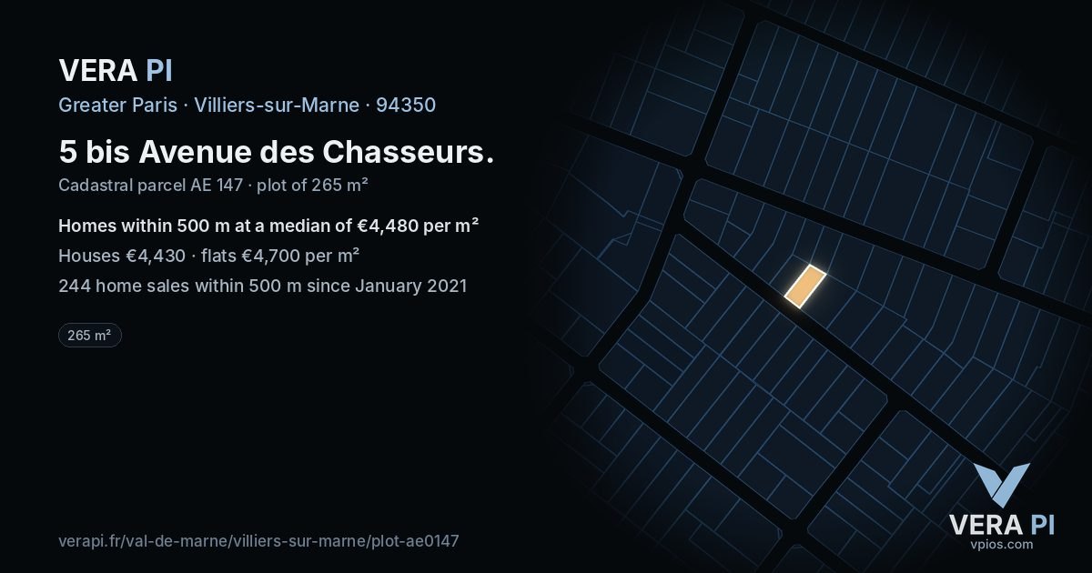 5 bis Avenue des Chasseurs, Villiers-sur-Marne at night – the plot lit, the parcels around coloured by the prices near them
