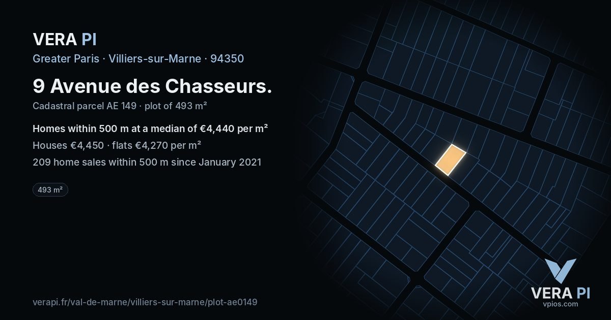 9 Avenue des Chasseurs, Villiers-sur-Marne at night – the plot lit, the parcels around coloured by the prices near them