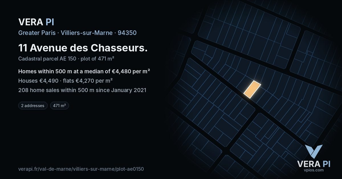11 Avenue des Chasseurs, Villiers-sur-Marne at night – the plot lit, the parcels around coloured by the prices near them