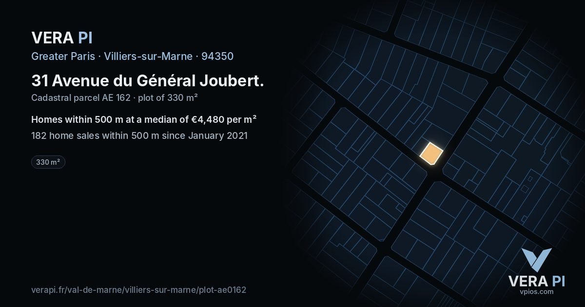 31 Avenue du Général Joubert, Villiers-sur-Marne at night – the plot lit, the parcels around coloured by the prices near them
