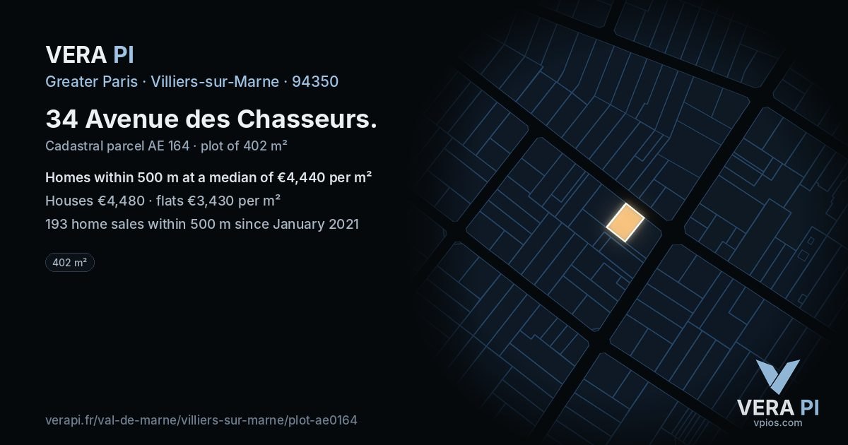 34 Avenue des Chasseurs, Villiers-sur-Marne at night – the plot lit, the parcels around coloured by the prices near them