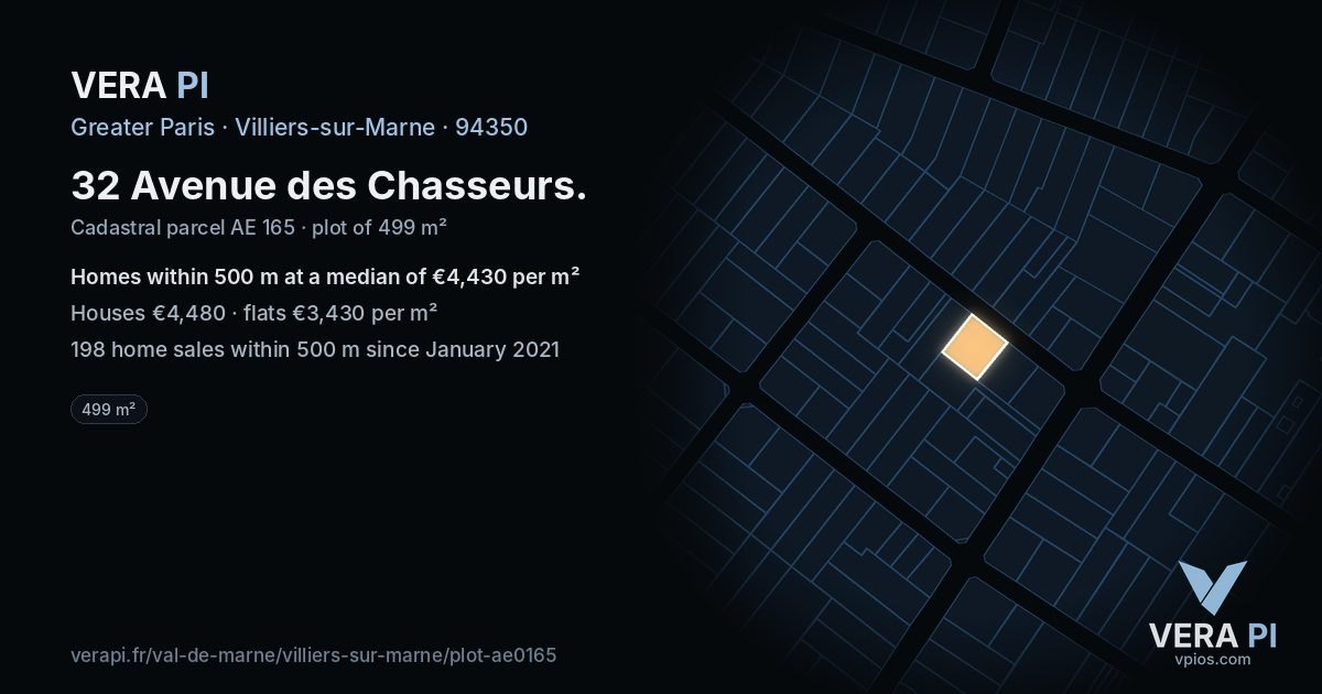 32 Avenue des Chasseurs, Villiers-sur-Marne at night – the plot lit, the parcels around coloured by the prices near them