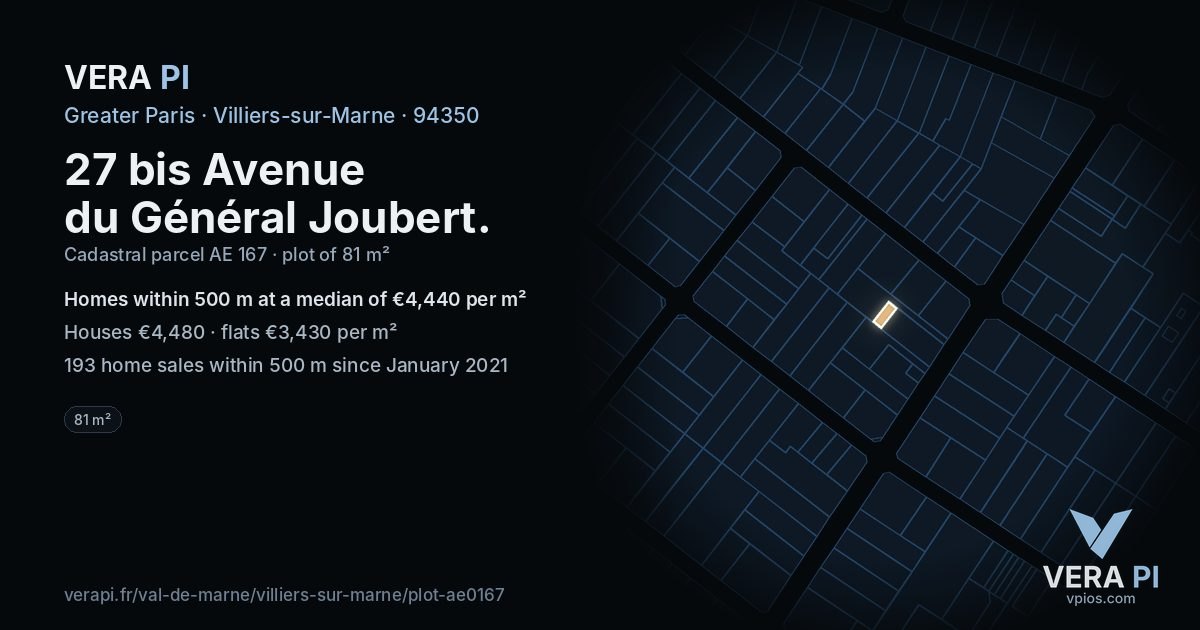 27 bis Avenue du Général Joubert, Villiers-sur-Marne at night – the plot lit, the parcels around coloured by the prices near them