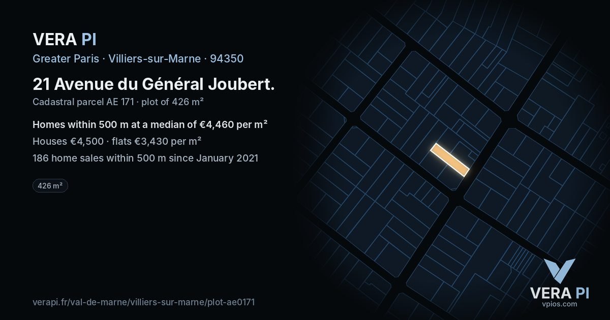 21 Avenue du Général Joubert, Villiers-sur-Marne at night – the plot lit, the parcels around coloured by the prices near them