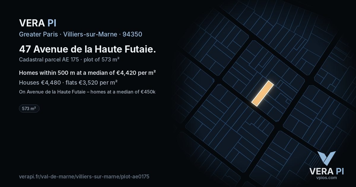 47 Avenue de la Haute Futaie, Villiers-sur-Marne at night – the plot lit, the parcels around coloured by the prices near them