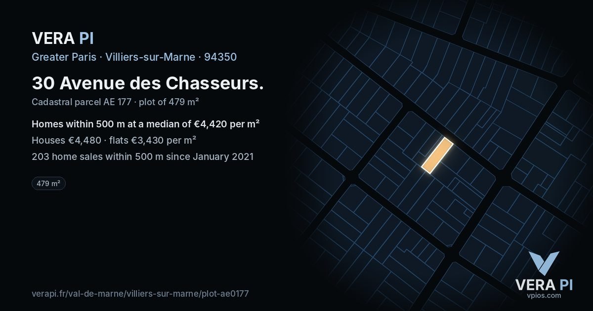 30 Avenue des Chasseurs, Villiers-sur-Marne at night – the plot lit, the parcels around coloured by the prices near them