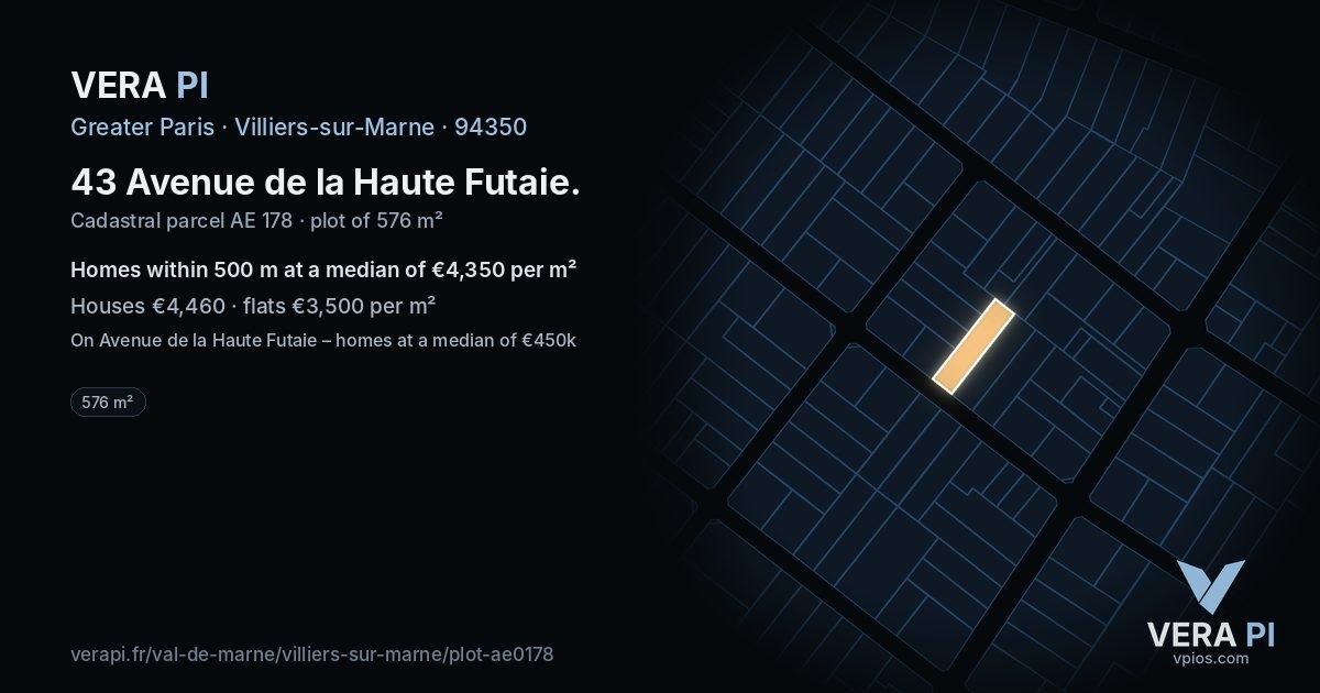 43 Avenue de la Haute Futaie, Villiers-sur-Marne at night – the plot lit, the parcels around coloured by the prices near them