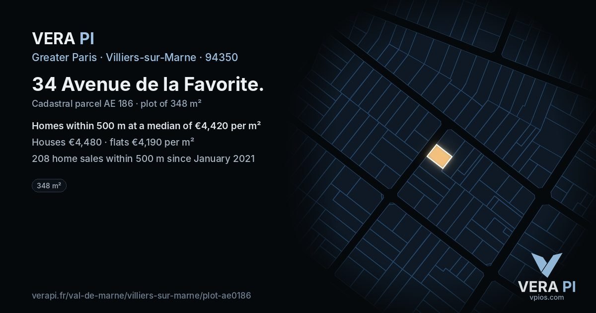 34 Avenue de la Favorite, Villiers-sur-Marne at night – the plot lit, the parcels around coloured by the prices near them