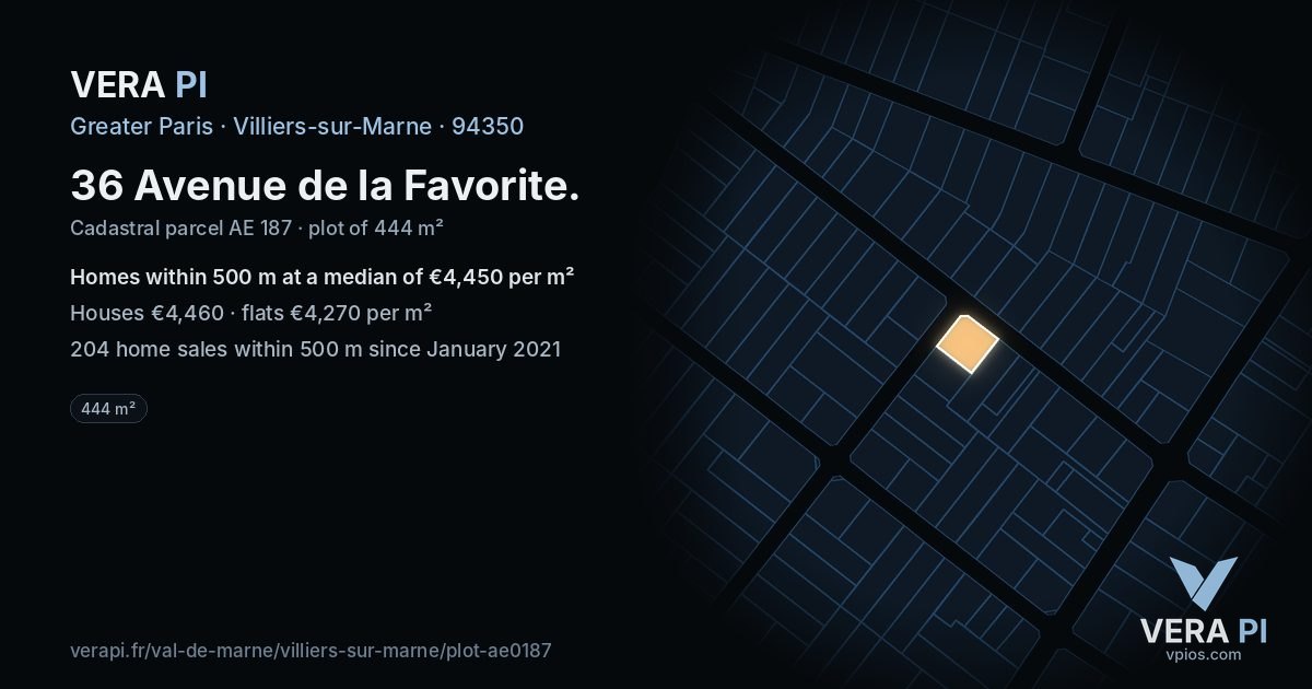 36 Avenue de la Favorite, Villiers-sur-Marne at night – the plot lit, the parcels around coloured by the prices near them