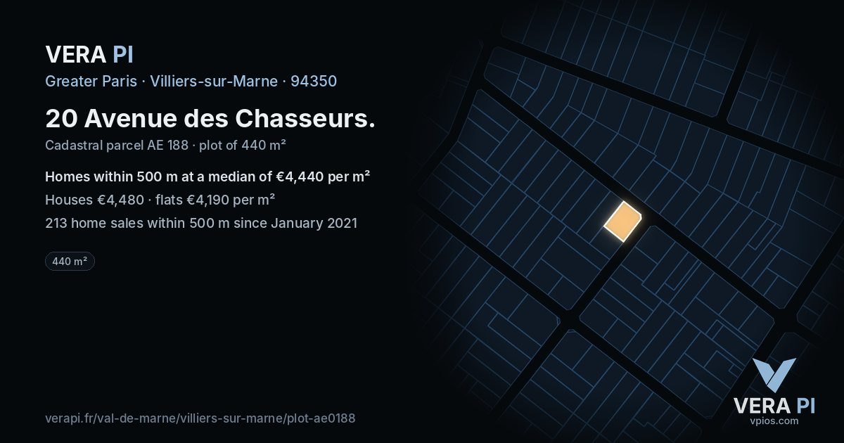 20 Avenue des Chasseurs, Villiers-sur-Marne at night – the plot lit, the parcels around coloured by the prices near them