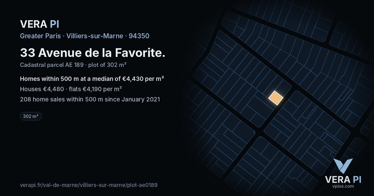 33 Avenue de la Favorite, Villiers-sur-Marne at night – the plot lit, the parcels around coloured by the prices near them