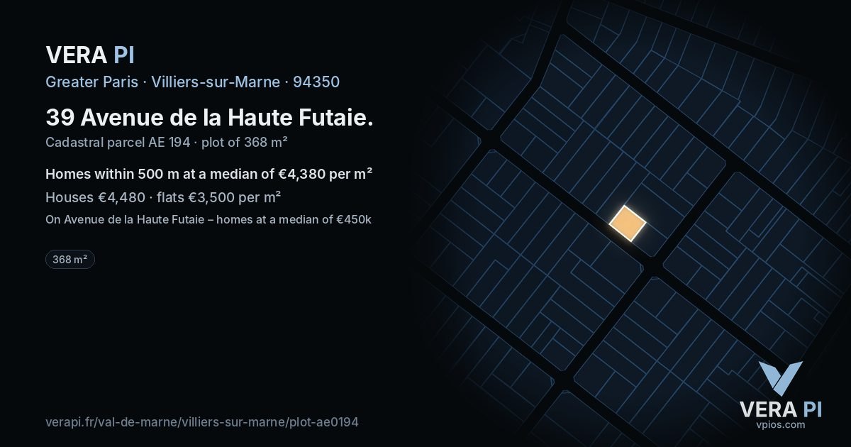 39 Avenue de la Haute Futaie, Villiers-sur-Marne at night – the plot lit, the parcels around coloured by the prices near them
