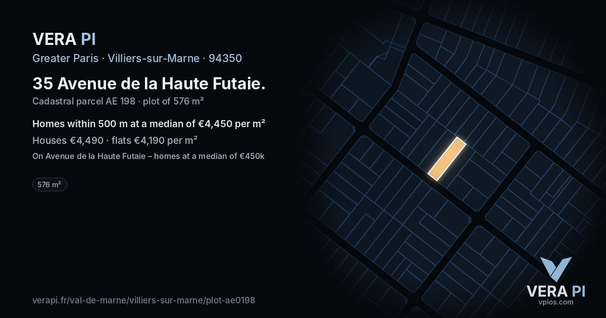 35 Avenue de la Haute Futaie, Villiers-sur-Marne at night – the plot lit, the parcels around coloured by the prices near them