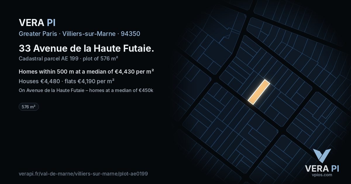 33 Avenue de la Haute Futaie, Villiers-sur-Marne at night – the plot lit, the parcels around coloured by the prices near them