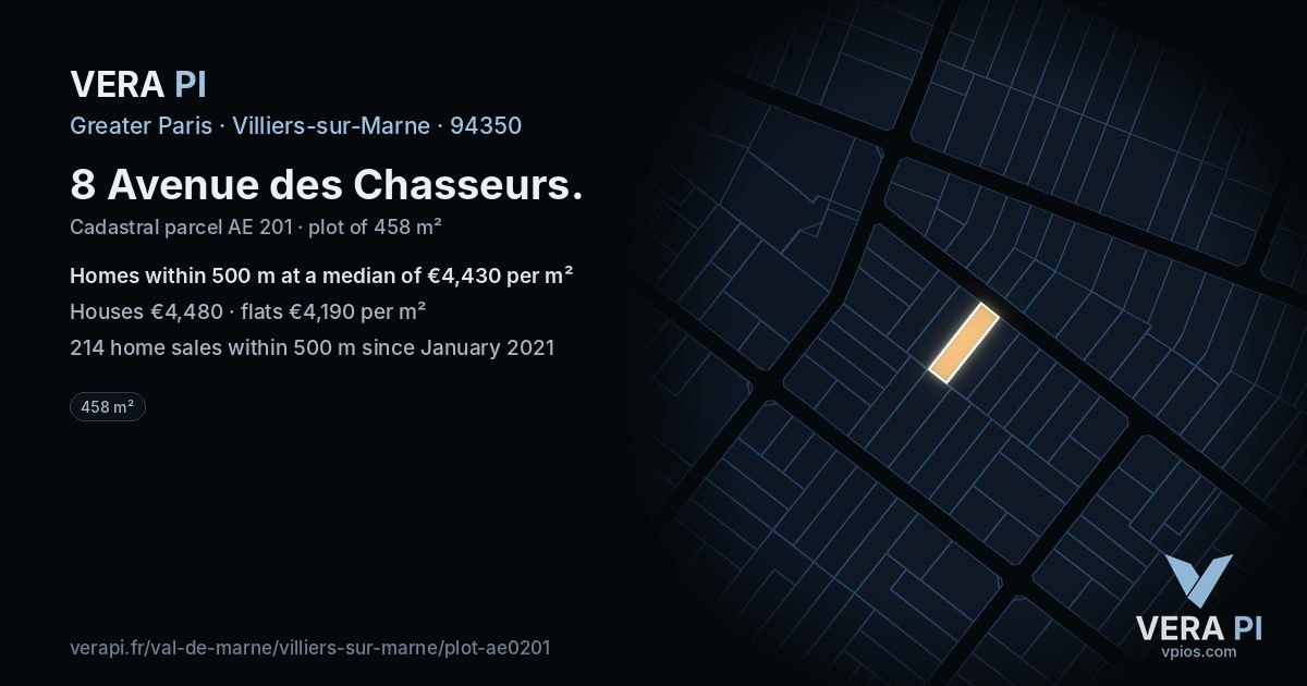 8 Avenue des Chasseurs, Villiers-sur-Marne at night – the plot lit, the parcels around coloured by the prices near them
