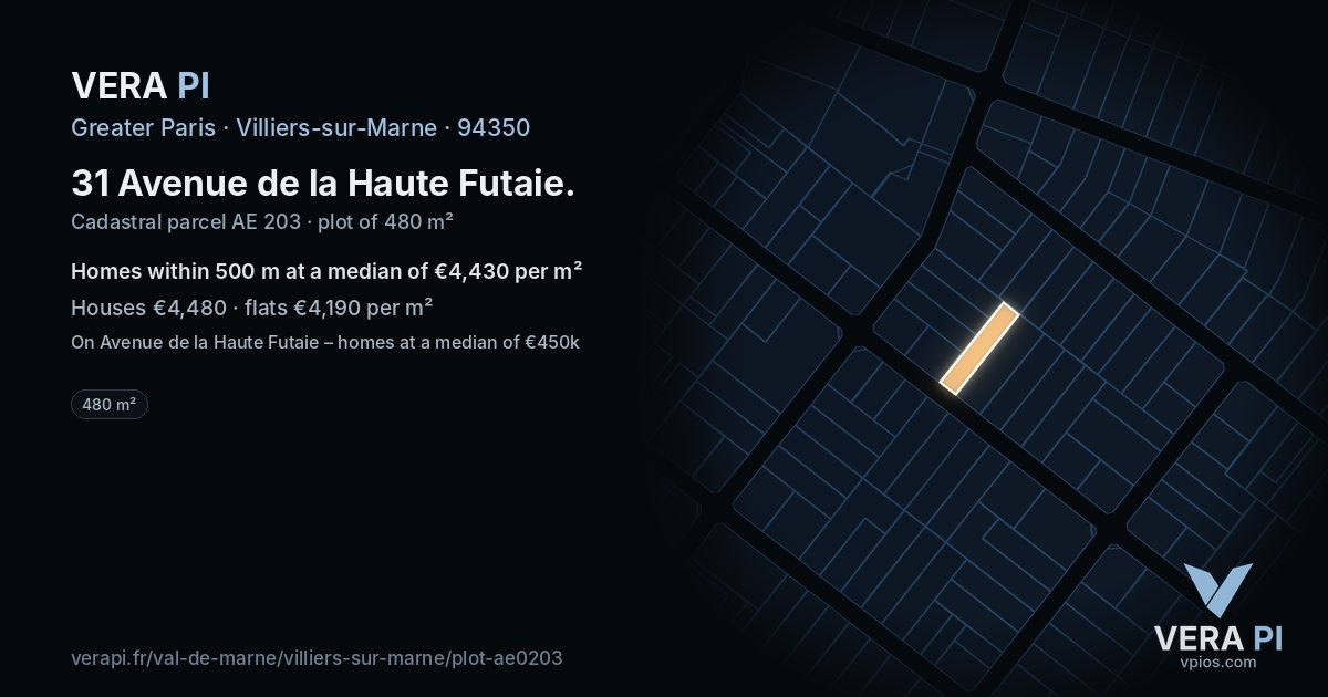 31 Avenue de la Haute Futaie, Villiers-sur-Marne at night – the plot lit, the parcels around coloured by the prices near them