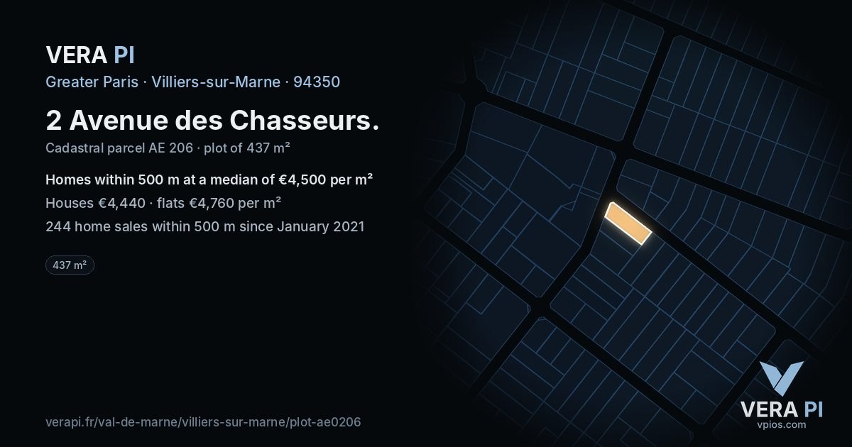 2 Avenue des Chasseurs, Villiers-sur-Marne at night – the plot lit, the parcels around coloured by the prices near them