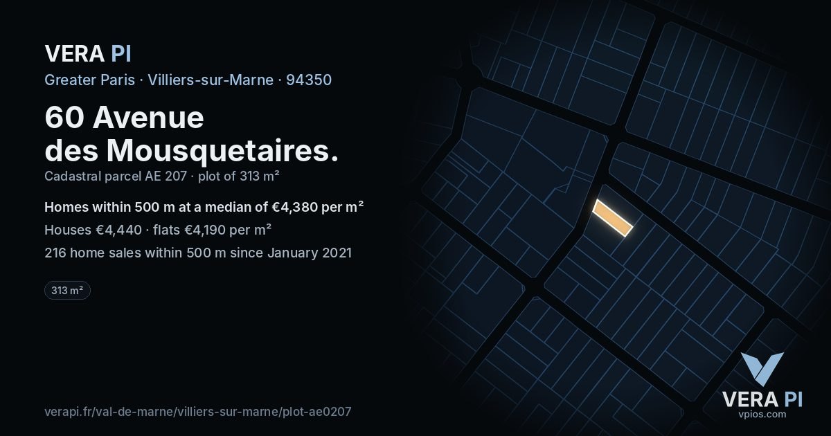 60 Avenue des Mousquetaires, Villiers-sur-Marne at night – the plot lit, the parcels around coloured by the prices near them