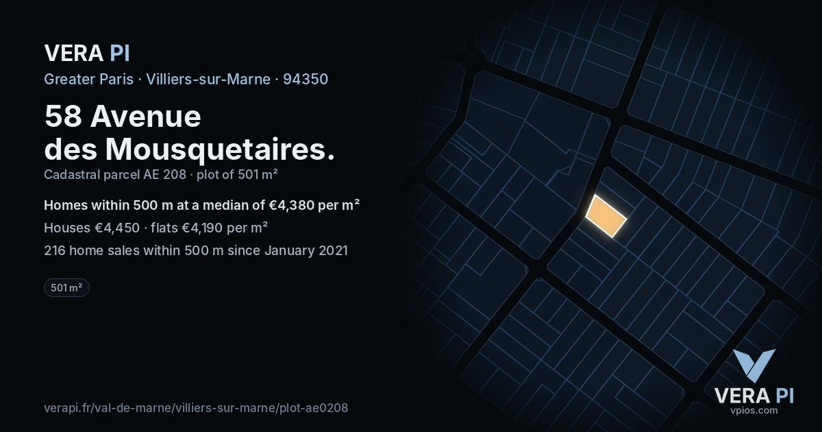 58 Avenue des Mousquetaires, Villiers-sur-Marne at night – the plot lit, the parcels around coloured by the prices near them