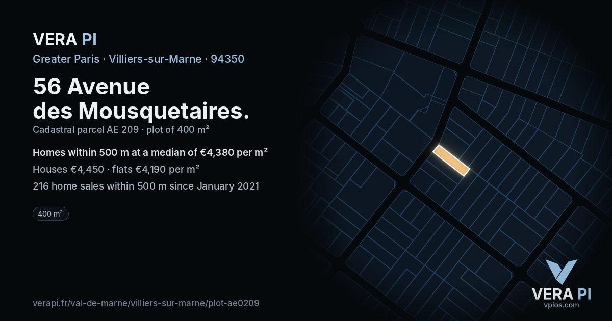 56 Avenue des Mousquetaires, Villiers-sur-Marne at night – the plot lit, the parcels around coloured by the prices near them
