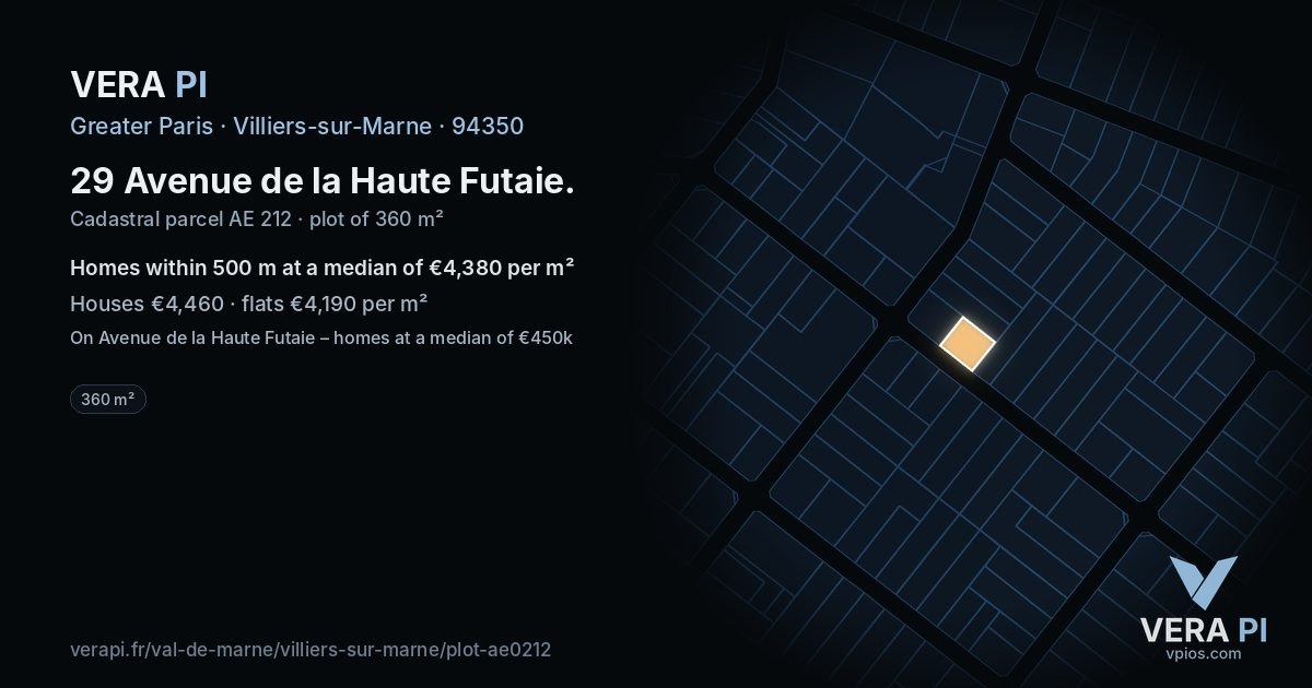 29 Avenue de la Haute Futaie, Villiers-sur-Marne at night – the plot lit, the parcels around coloured by the prices near them