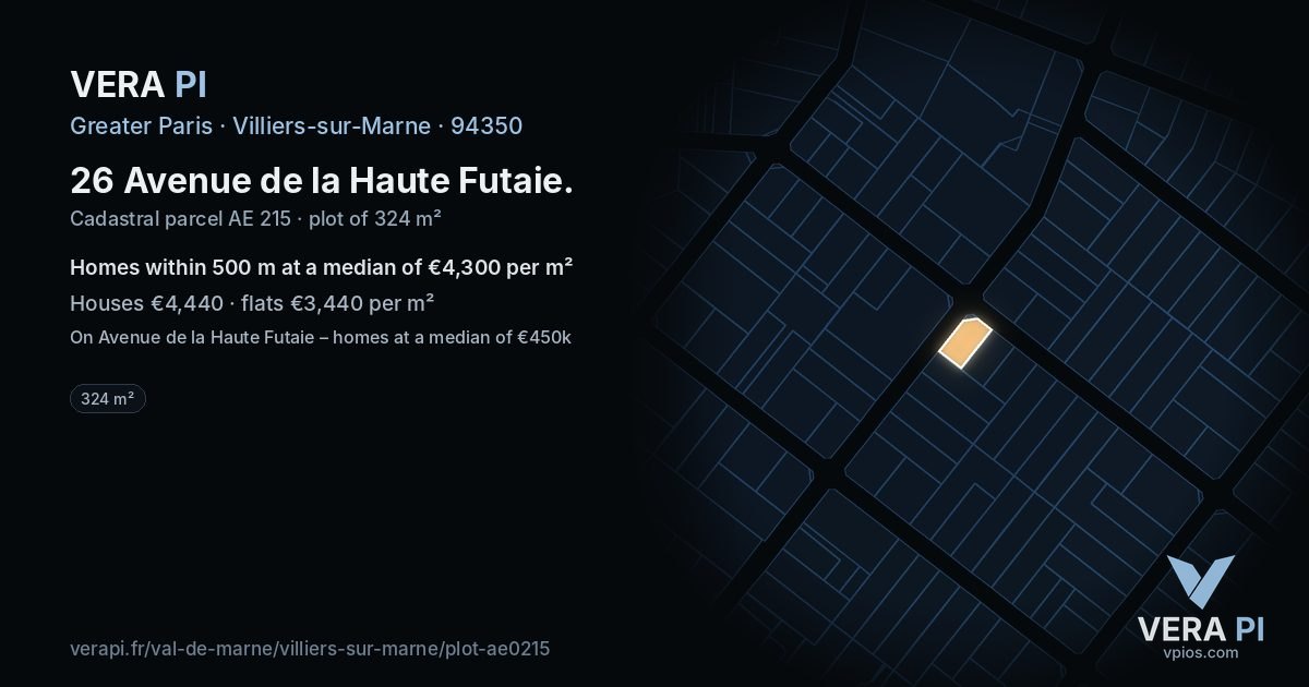 26 Avenue de la Haute Futaie, Villiers-sur-Marne at night – the plot lit, the parcels around coloured by the prices near them