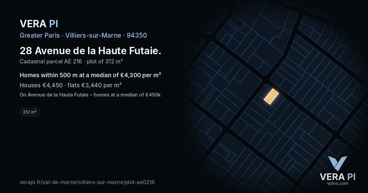 28 Avenue de la Haute Futaie, Villiers-sur-Marne at night – the plot lit, the parcels around coloured by the prices near them