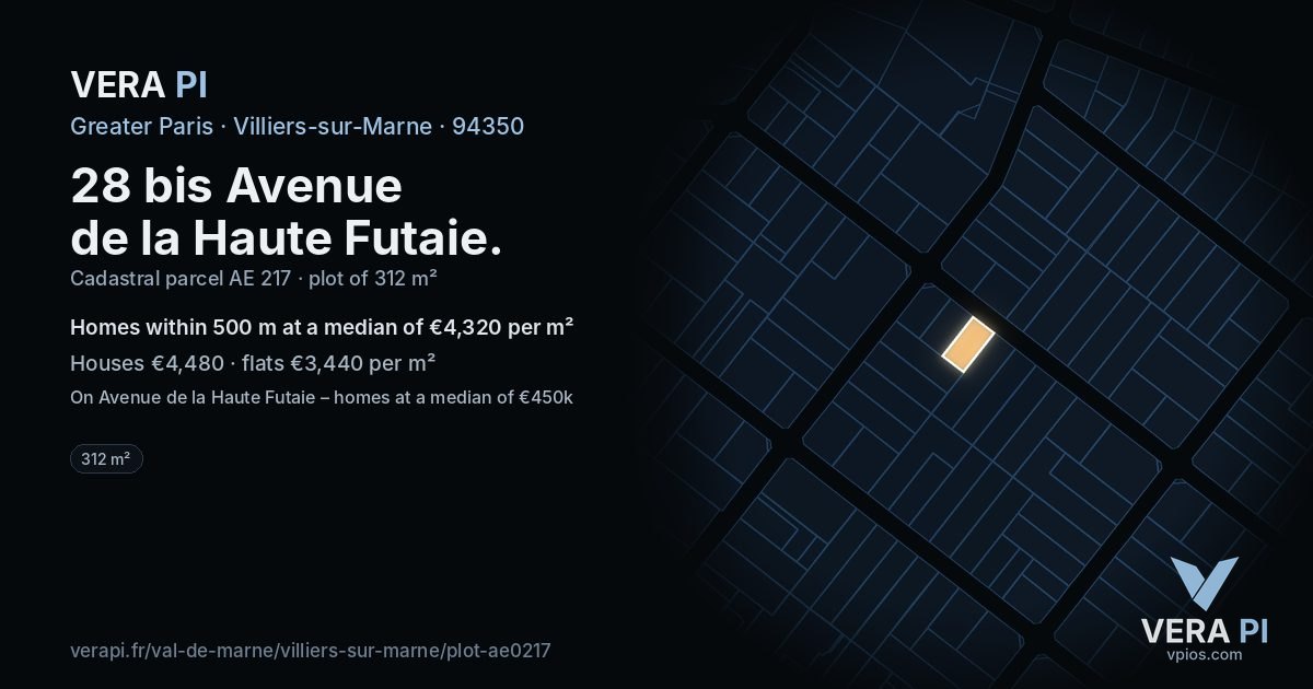 28 bis Avenue de la Haute Futaie, Villiers-sur-Marne at night – the plot lit, the parcels around coloured by the prices near them
