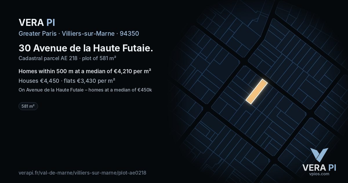 30 Avenue de la Haute Futaie, Villiers-sur-Marne at night – the plot lit, the parcels around coloured by the prices near them