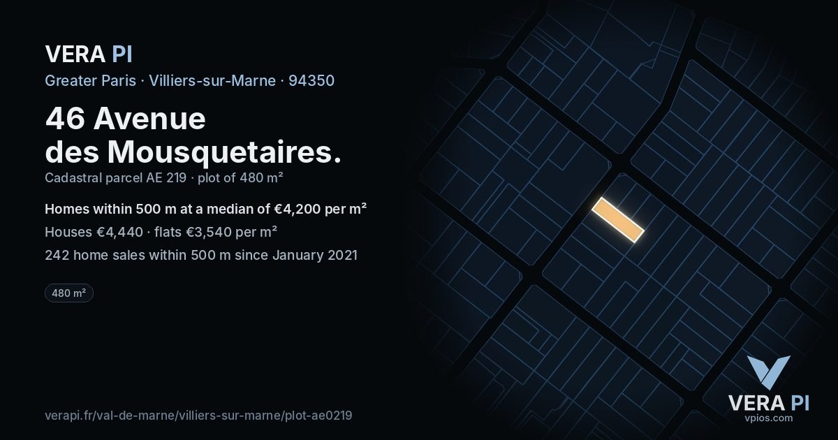 46 Avenue des Mousquetaires, Villiers-sur-Marne at night – the plot lit, the parcels around coloured by the prices near them