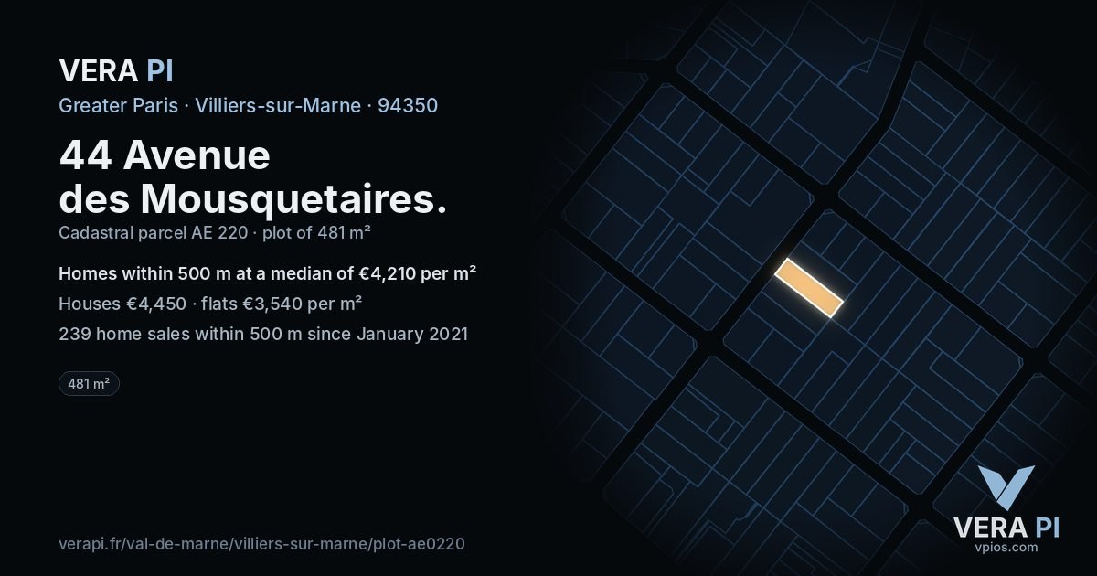 44 Avenue des Mousquetaires, Villiers-sur-Marne at night – the plot lit, the parcels around coloured by the prices near them