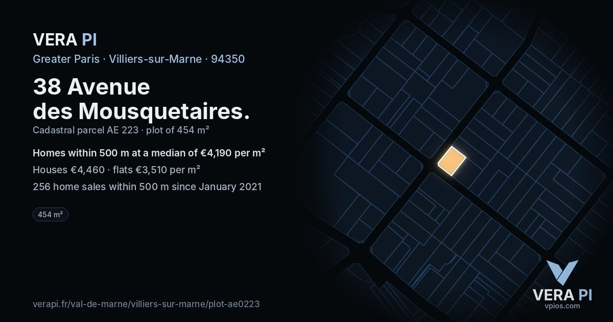 38 Avenue des Mousquetaires, Villiers-sur-Marne at night – the plot lit, the parcels around coloured by the prices near them