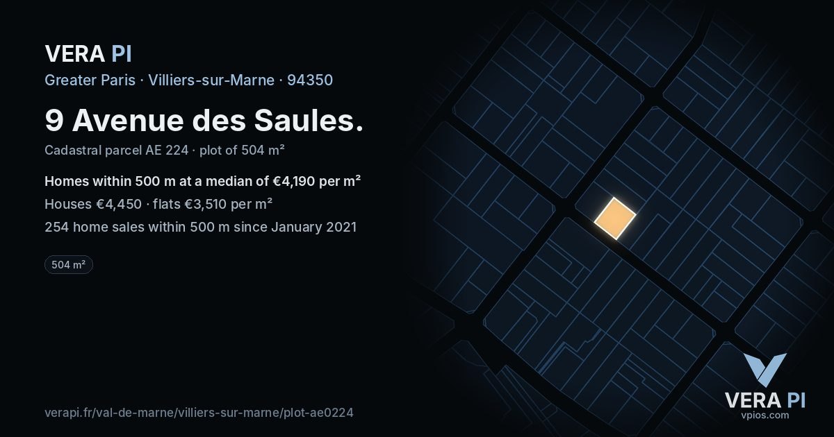 9 Avenue des Saules, Villiers-sur-Marne at night – the plot lit, the parcels around coloured by the prices near them