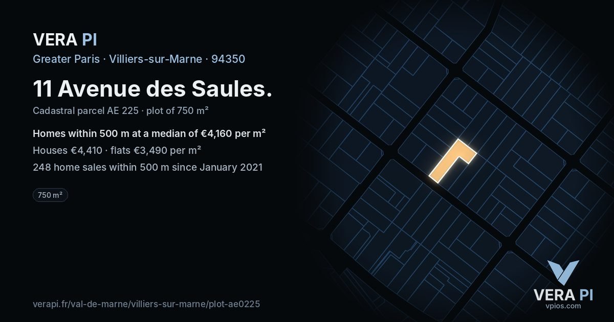 11 Avenue des Saules, Villiers-sur-Marne at night – the plot lit, the parcels around coloured by the prices near them
