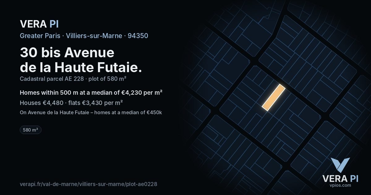 30 bis Avenue de la Haute Futaie, Villiers-sur-Marne at night – the plot lit, the parcels around coloured by the prices near them