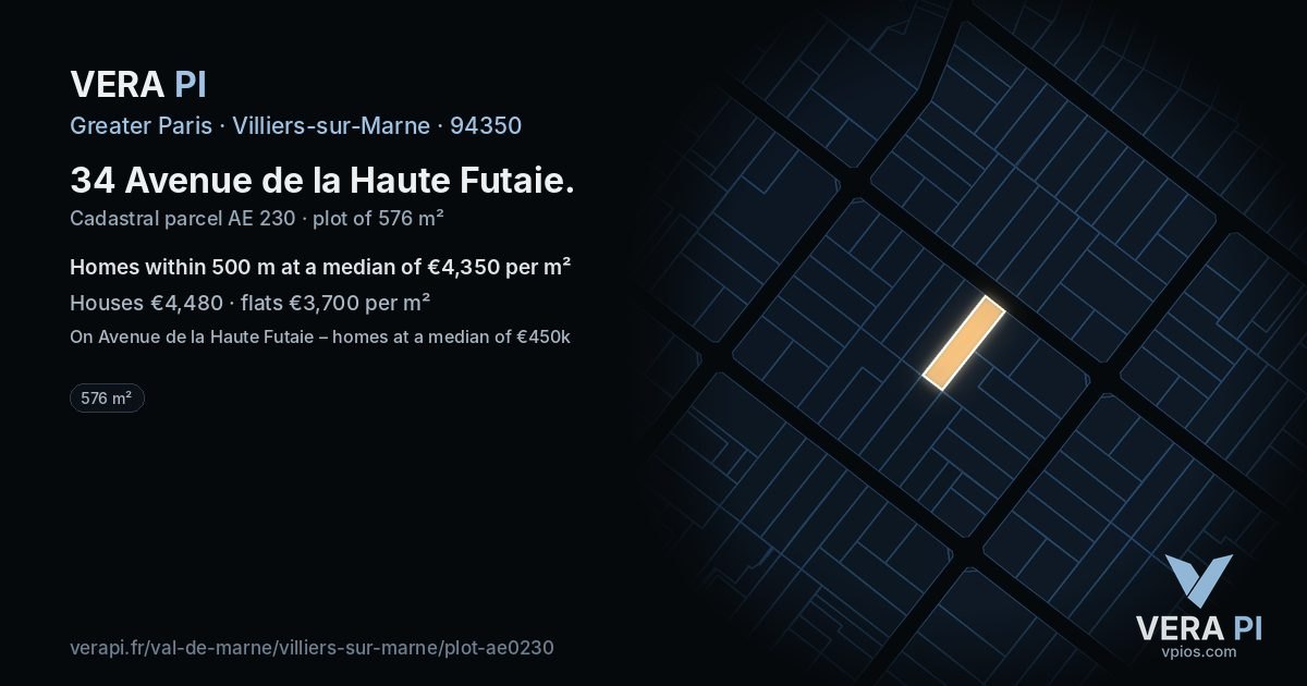 34 Avenue de la Haute Futaie, Villiers-sur-Marne at night – the plot lit, the parcels around coloured by the prices near them