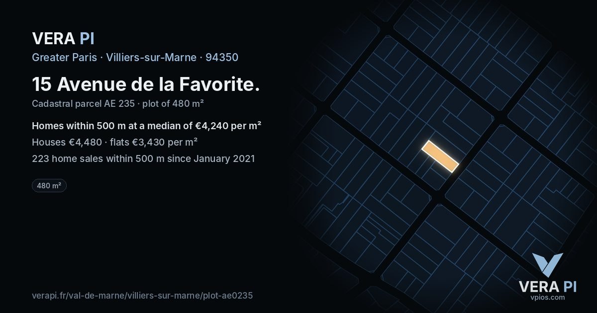 15 Avenue de la Favorite, Villiers-sur-Marne at night – the plot lit, the parcels around coloured by the prices near them