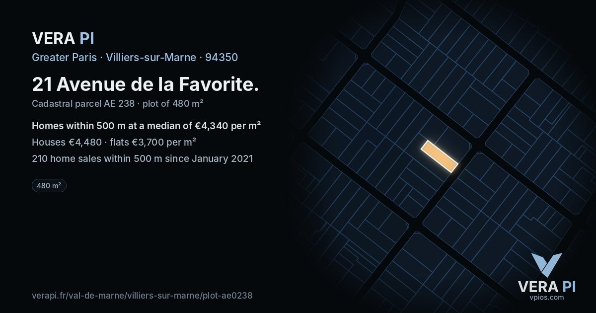 21 Avenue de la Favorite, Villiers-sur-Marne at night – the plot lit, the parcels around coloured by the prices near them