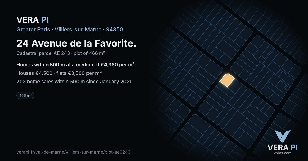 24 Avenue de la Favorite, Villiers-sur-Marne at night – the plot lit, the parcels around coloured by the prices near them