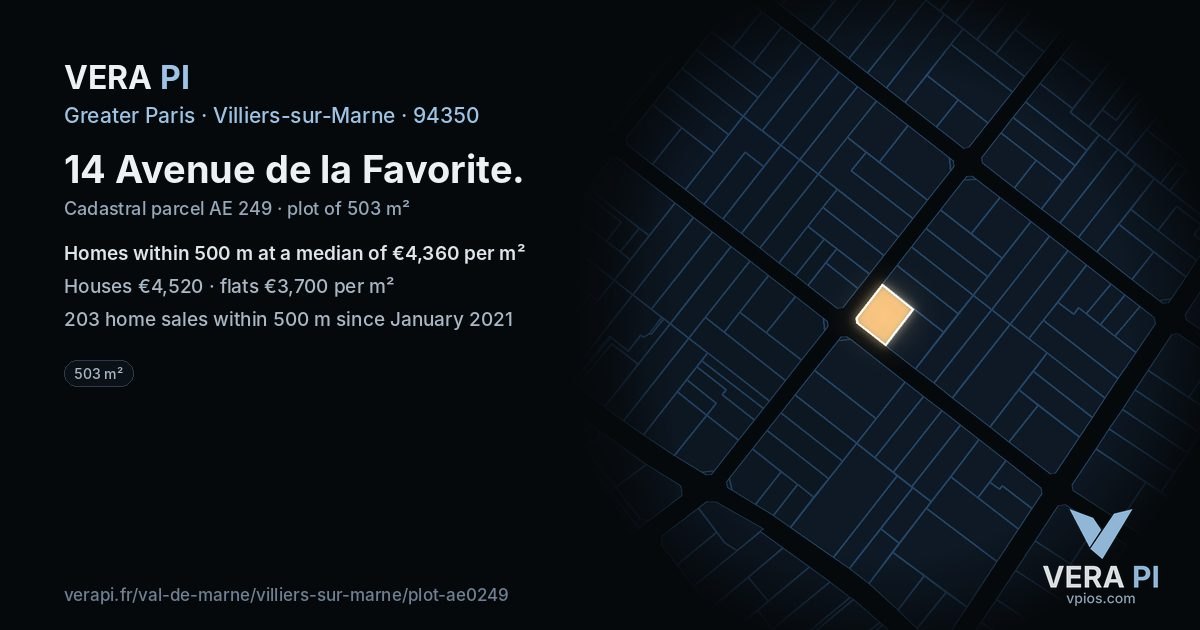 14 Avenue de la Favorite, Villiers-sur-Marne at night – the plot lit, the parcels around coloured by the prices near them