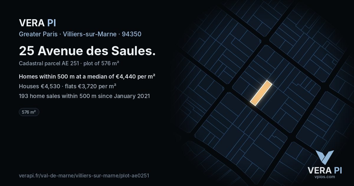 25 Avenue des Saules, Villiers-sur-Marne at night – the plot lit, the parcels around coloured by the prices near them