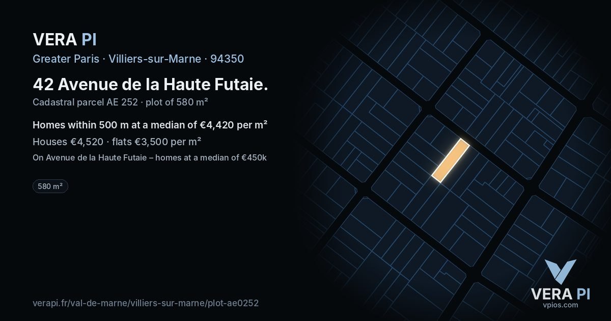42 Avenue de la Haute Futaie, Villiers-sur-Marne at night – the plot lit, the parcels around coloured by the prices near them