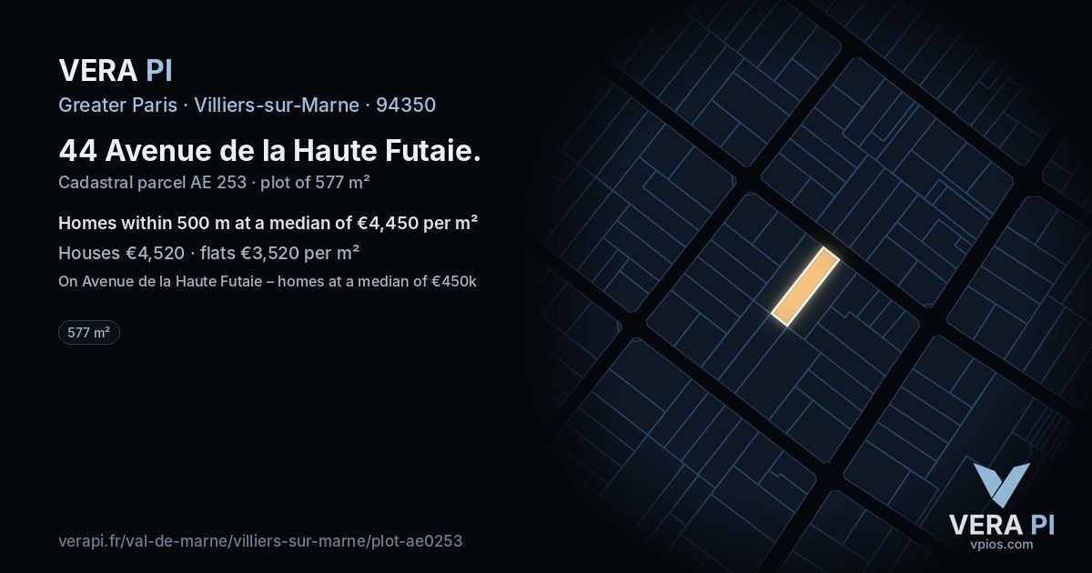 44 Avenue de la Haute Futaie, Villiers-sur-Marne at night – the plot lit, the parcels around coloured by the prices near them