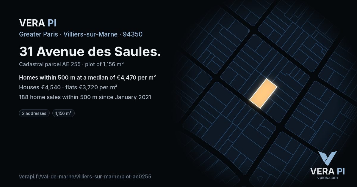31 Avenue des Saules, Villiers-sur-Marne at night – the plot lit, the parcels around coloured by the prices near them