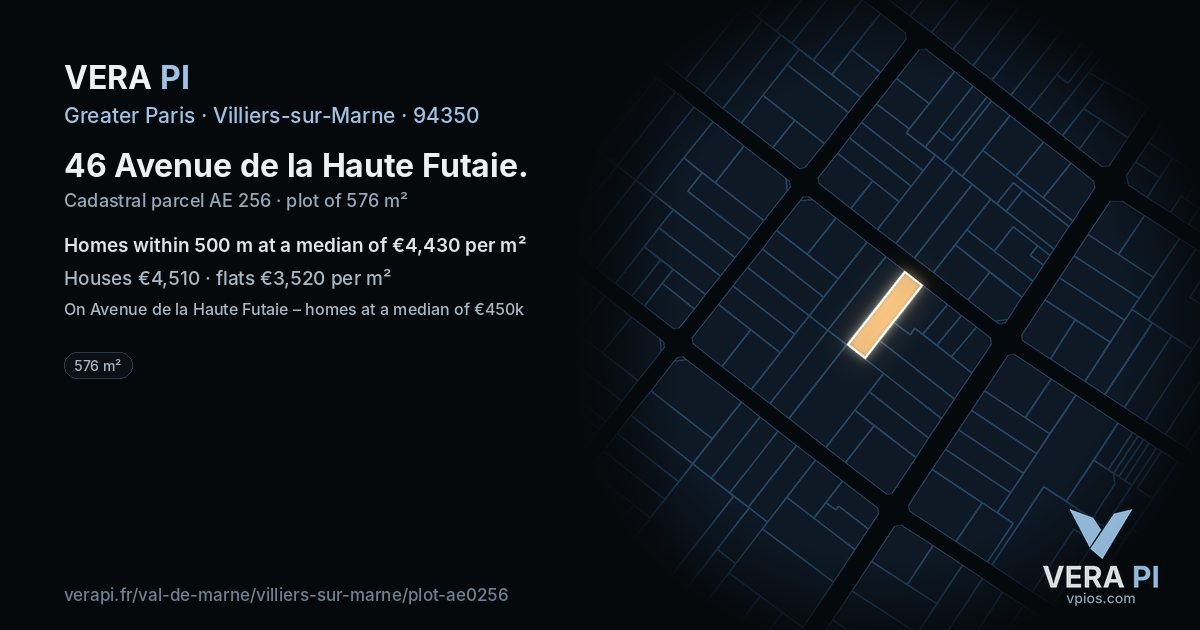 46 Avenue de la Haute Futaie, Villiers-sur-Marne at night – the plot lit, the parcels around coloured by the prices near them