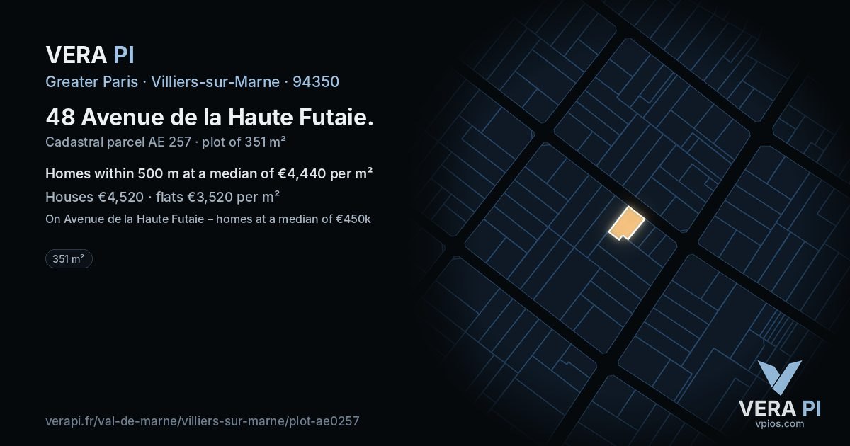 48 Avenue de la Haute Futaie, Villiers-sur-Marne at night – the plot lit, the parcels around coloured by the prices near them