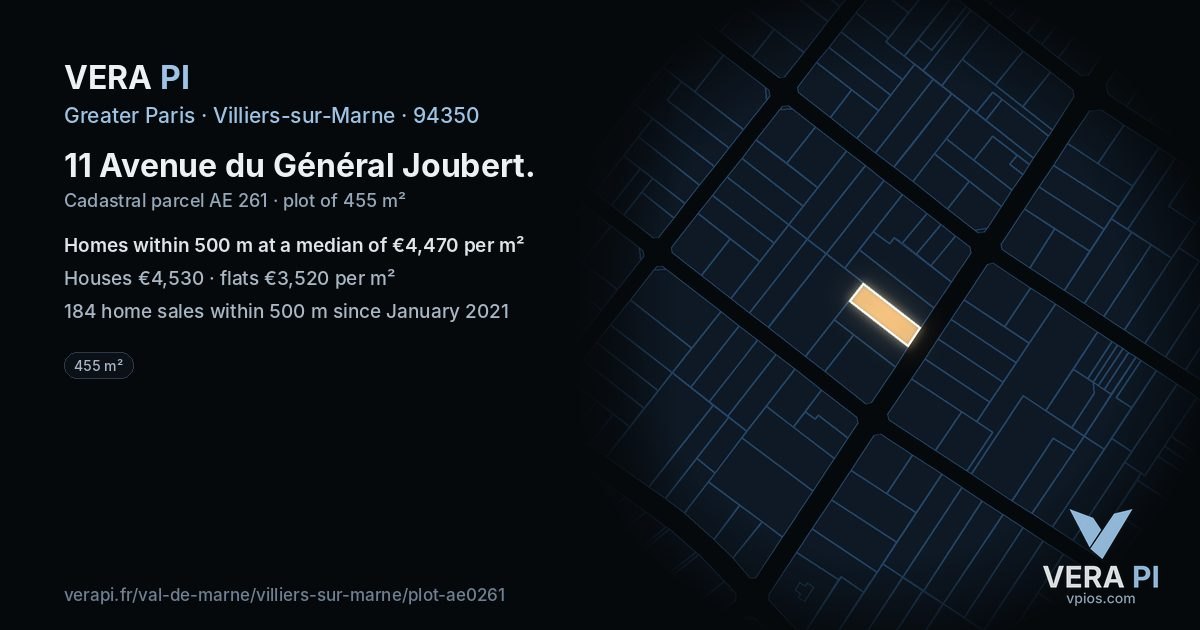 11 Avenue du Général Joubert, Villiers-sur-Marne at night – the plot lit, the parcels around coloured by the prices near them